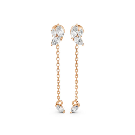 Front view of Marquise Drop Chain Earrings in 14k rose gold, with lab-grown marquise, pear, and oval diamonds and a delicate chain.