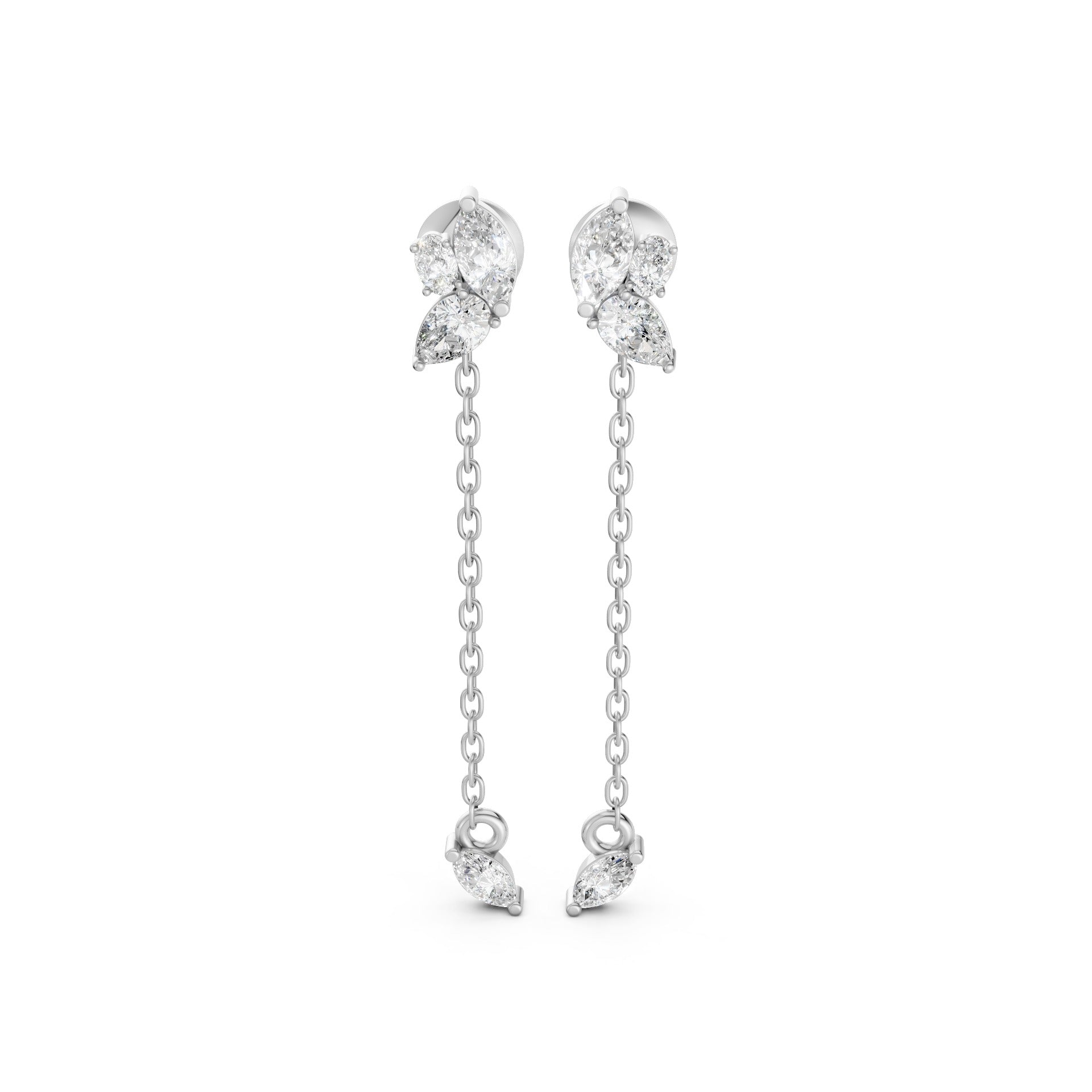 Front view of Marquise Drop Chain Earrings in 14k white gold, showcasing lab-grown marquise, pear, and oval diamonds with a delicate chain drop.
