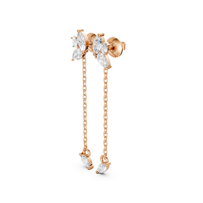 Side profile of Marquise Drop Chain Earrings in 14k rose gold, displaying the chain drop and clustered diamond arrangement.