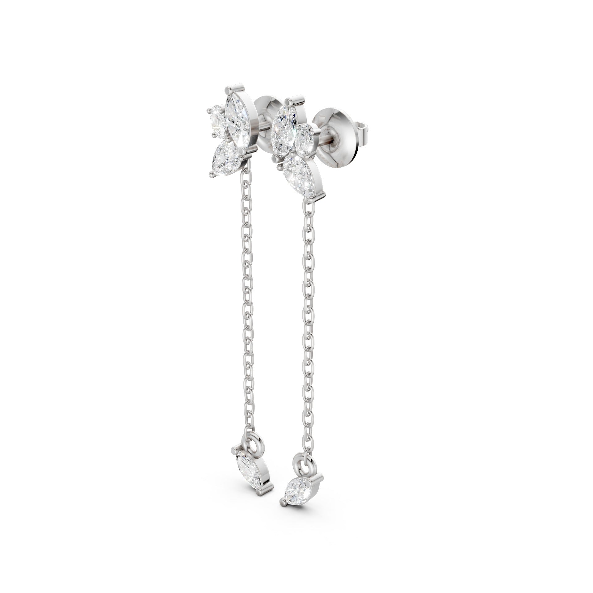Side profile of Marquise Drop Chain Earrings in 18k white gold, highlighting the airy chain and clustered diamond trio.
