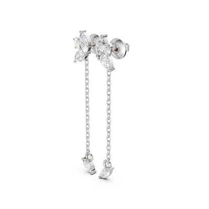 Side profile of Marquise Drop Chain Earrings in 18k white gold, highlighting the airy chain and clustered diamond trio.