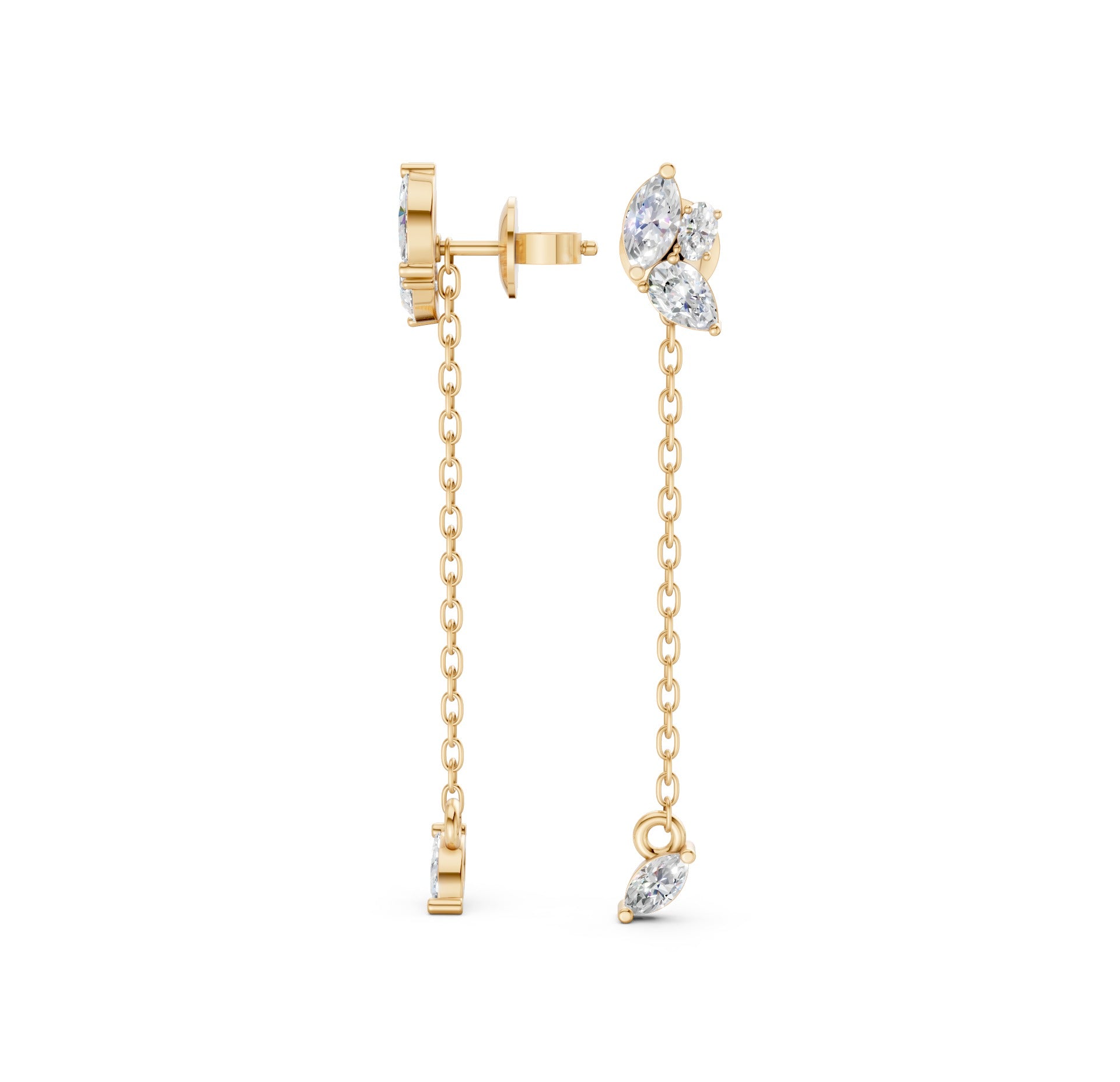Full view of Marquise Drop Chain Earrings in 14k rose gold, highlighting their 38.96 mm height and elegant floral design.