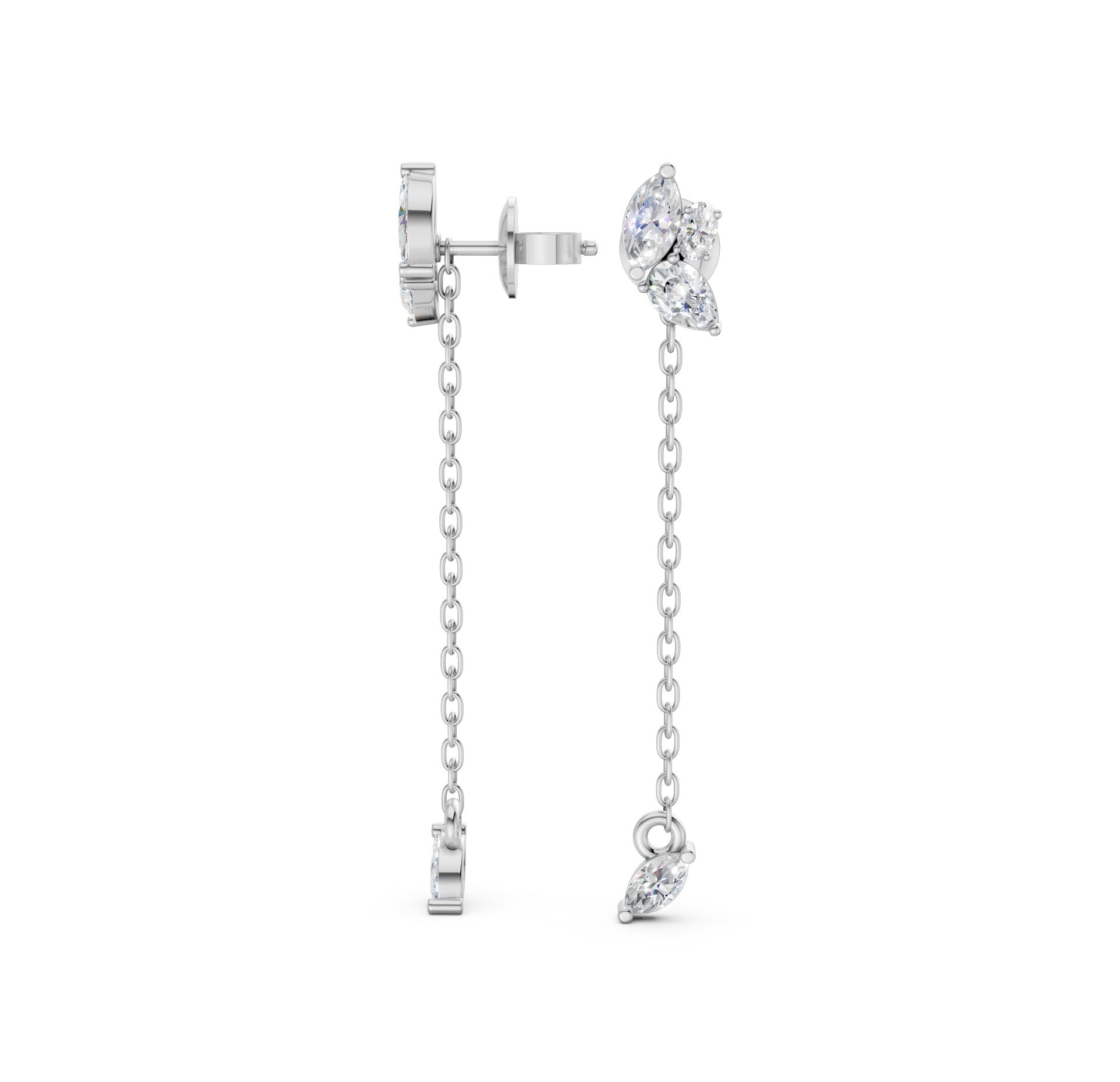 Full view of Marquise Drop Chain Earrings in 14k white gold, displaying their 38.96 mm height and floral-inspired elegance.