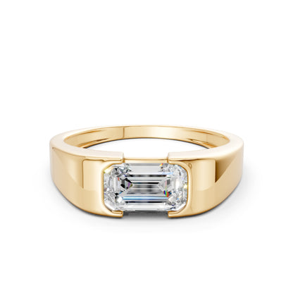 Elegant front view of a 1.5 CT emerald-cut lab-grown diamond set in a minimalist yellow gold band, capturing clean symmetry and timeless brilliance.