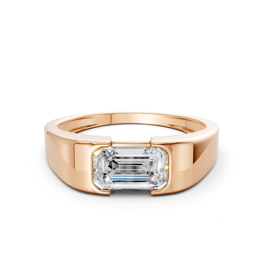 Elegant front view of a 1.5 CT emerald-cut lab-grown diamond set in a minimalist rose gold band, capturing clean symmetry and sophisticated warmth.
