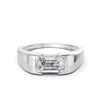 Frontal view of a 1.5 CT emerald-cut lab-grown diamond set in sleek white gold, capturing sharp edges and radiant clarity.