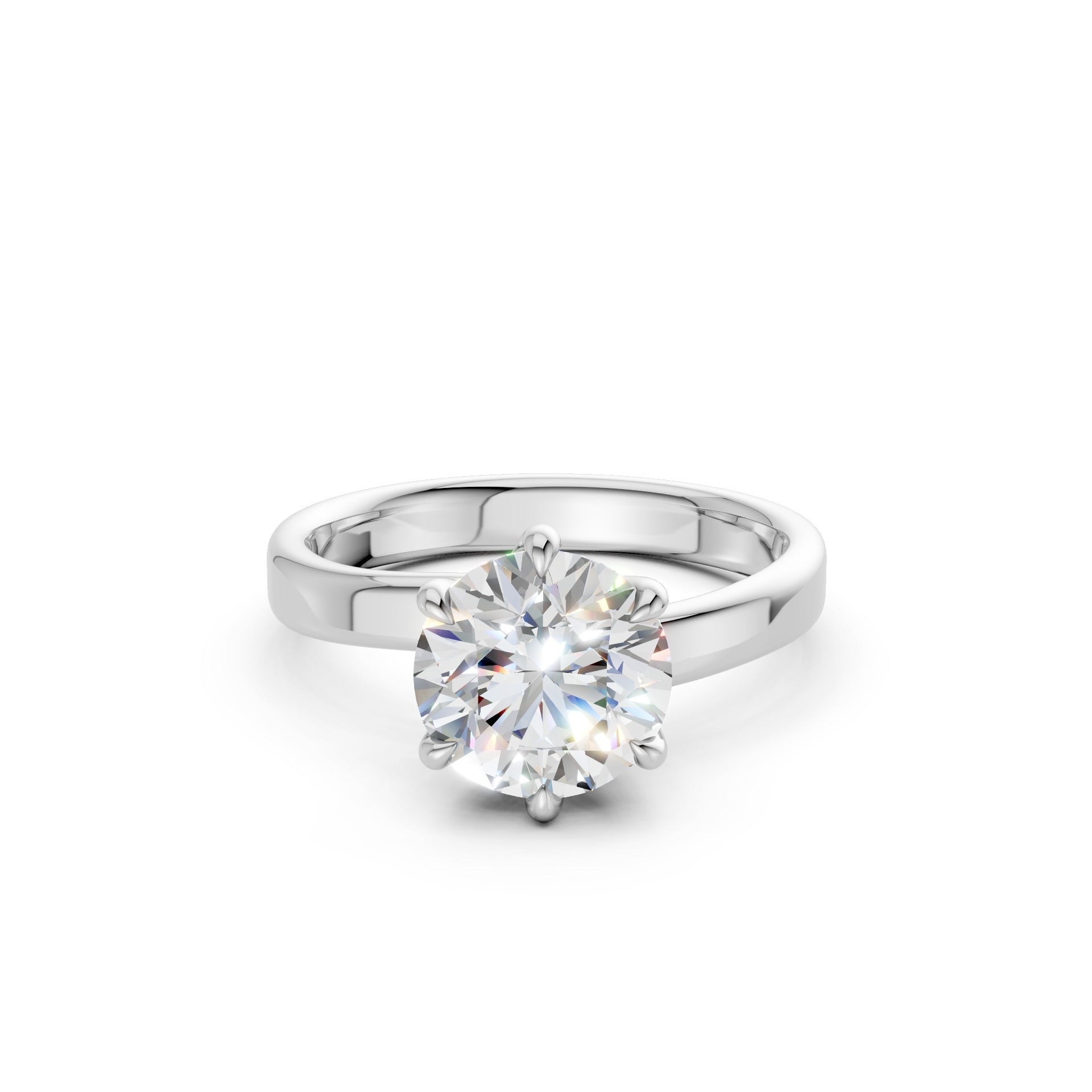 Frontal view of the Majestic Solitaire 2.0 CT Diamond Ring in white gold, featuring a brilliantly cut center diamond in a sleek, modern setting.