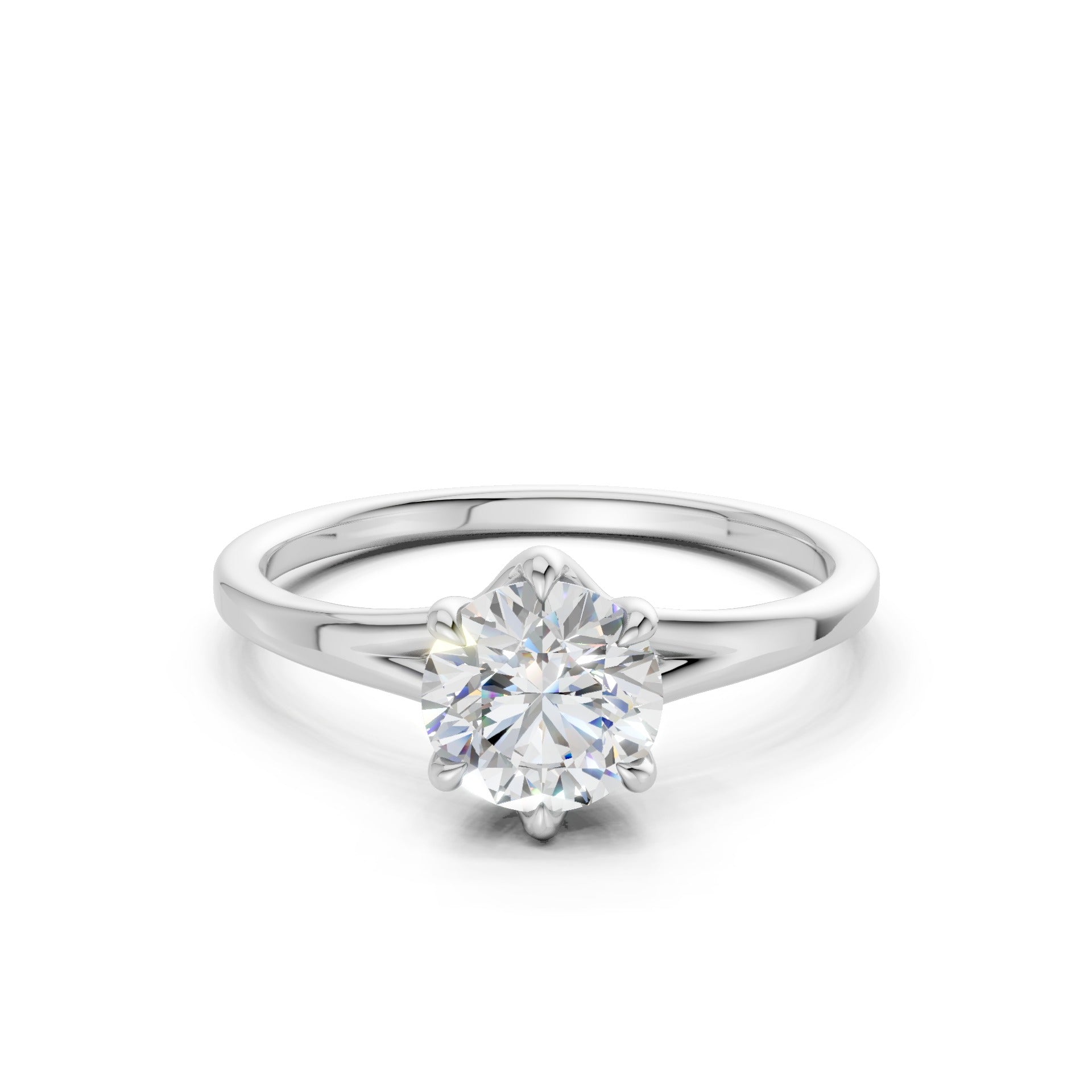 Frontal view of the Radiant Solitaire 1.0 CT Diamond Ring in white gold, highlighting the sleek lines of the radiant-cut diamond in a crisp, contemporary setting.