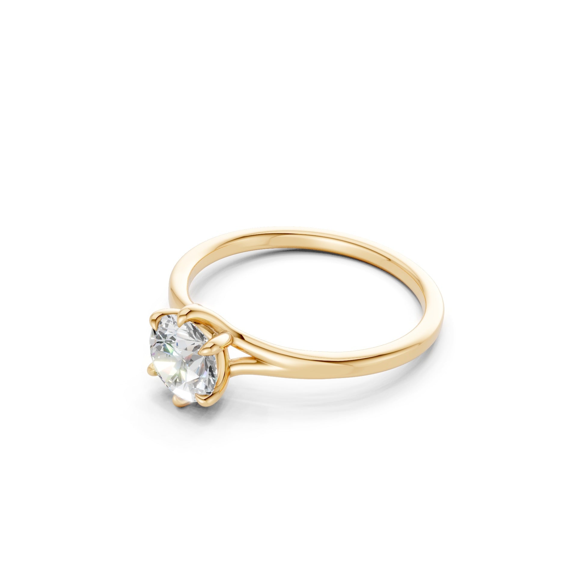 Profile angle showing the elevated setting and glowing yellow gold band, emphasizing the diamond’s brilliance and stature.