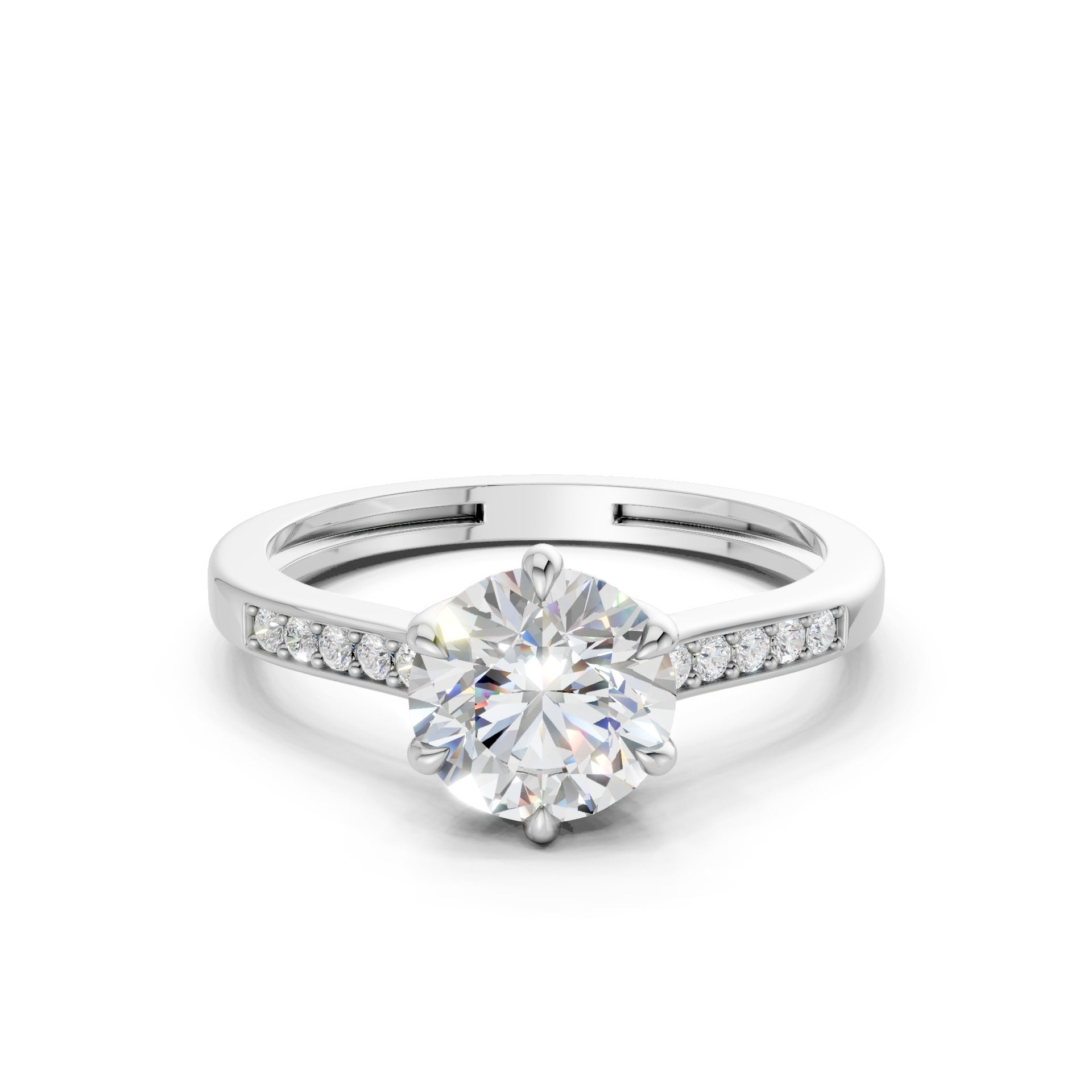Frontal view of the Princess Radiance 1.6 CT Diamond Ring in white gold, centered with a sharply faceted princess-cut diamond flanked by twin accents in a cool-toned frame.