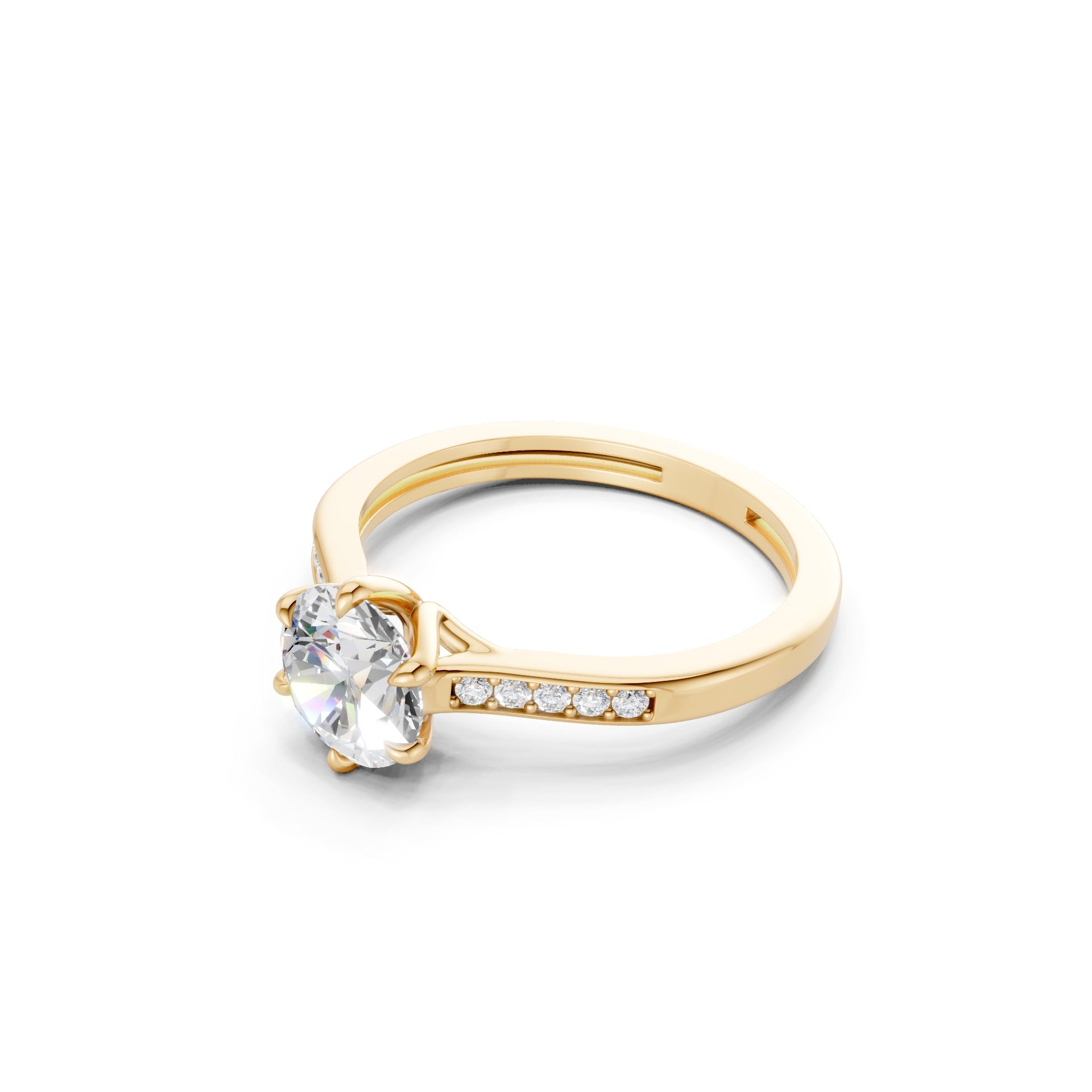Side profile highlighting the angular elegance of the center diamond and the warm luster of the yellow gold setting.