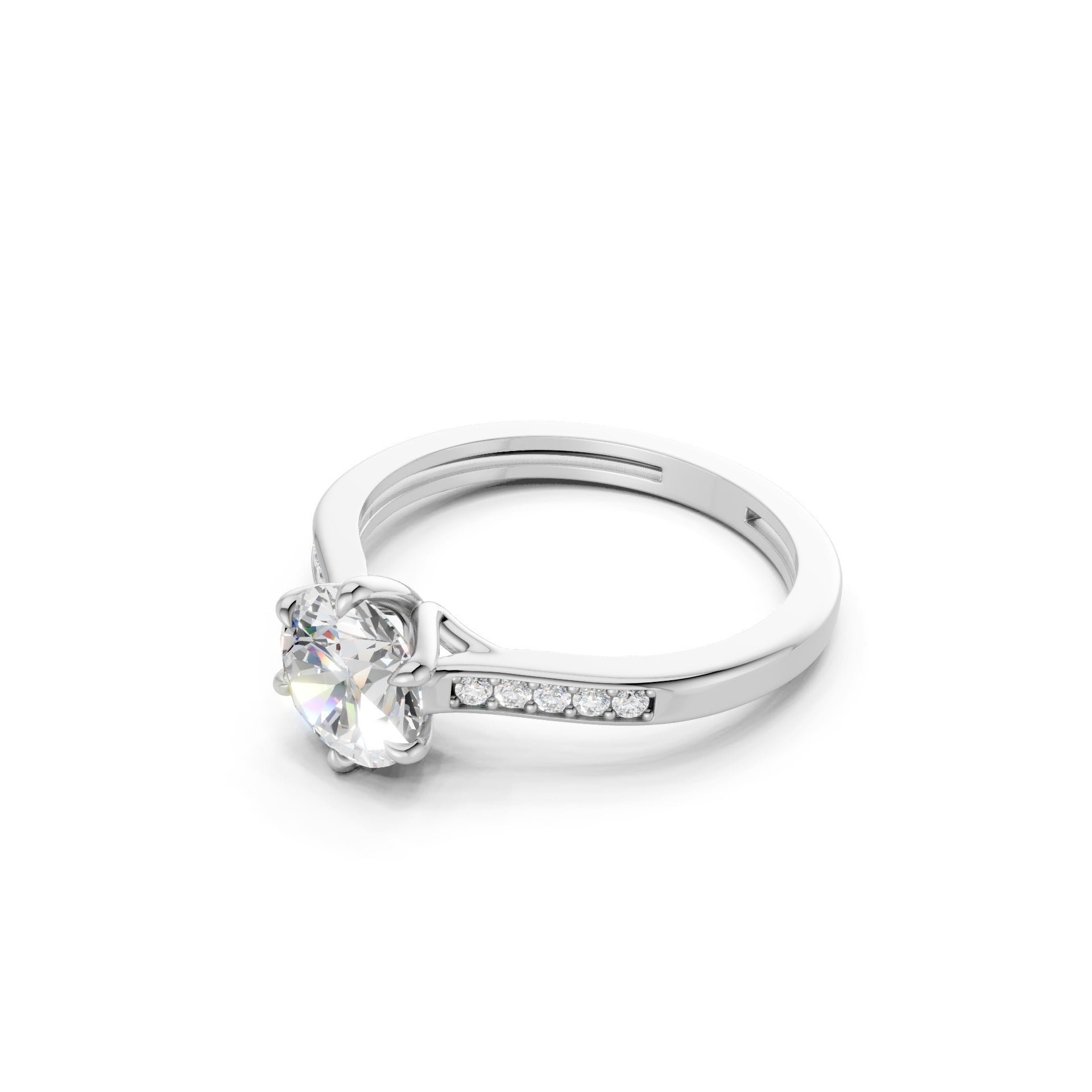 Side profile capturing the modern lift of the square-cut stone and the polished elegance of the white gold band.