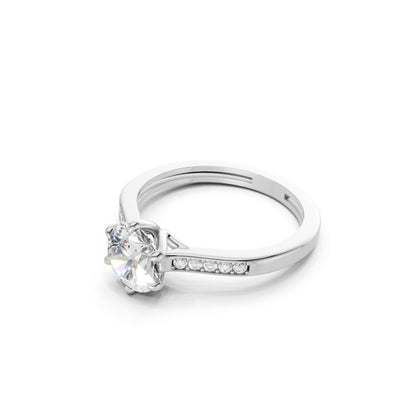 Side profile capturing the modern lift of the square-cut stone and the polished elegance of the white gold band.