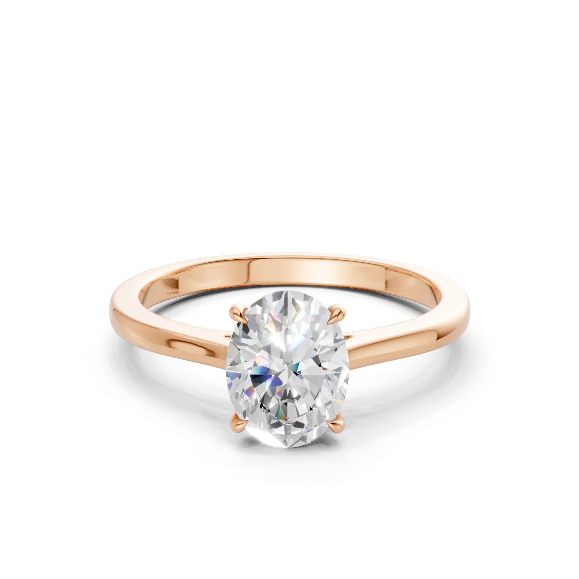 Frontal view of the Oval Radiance 1.5 CT Diamond Ring in rose gold, showcasing a brilliant oval-cut center diamond flanked by side stones, all set in a romantic rose hue.