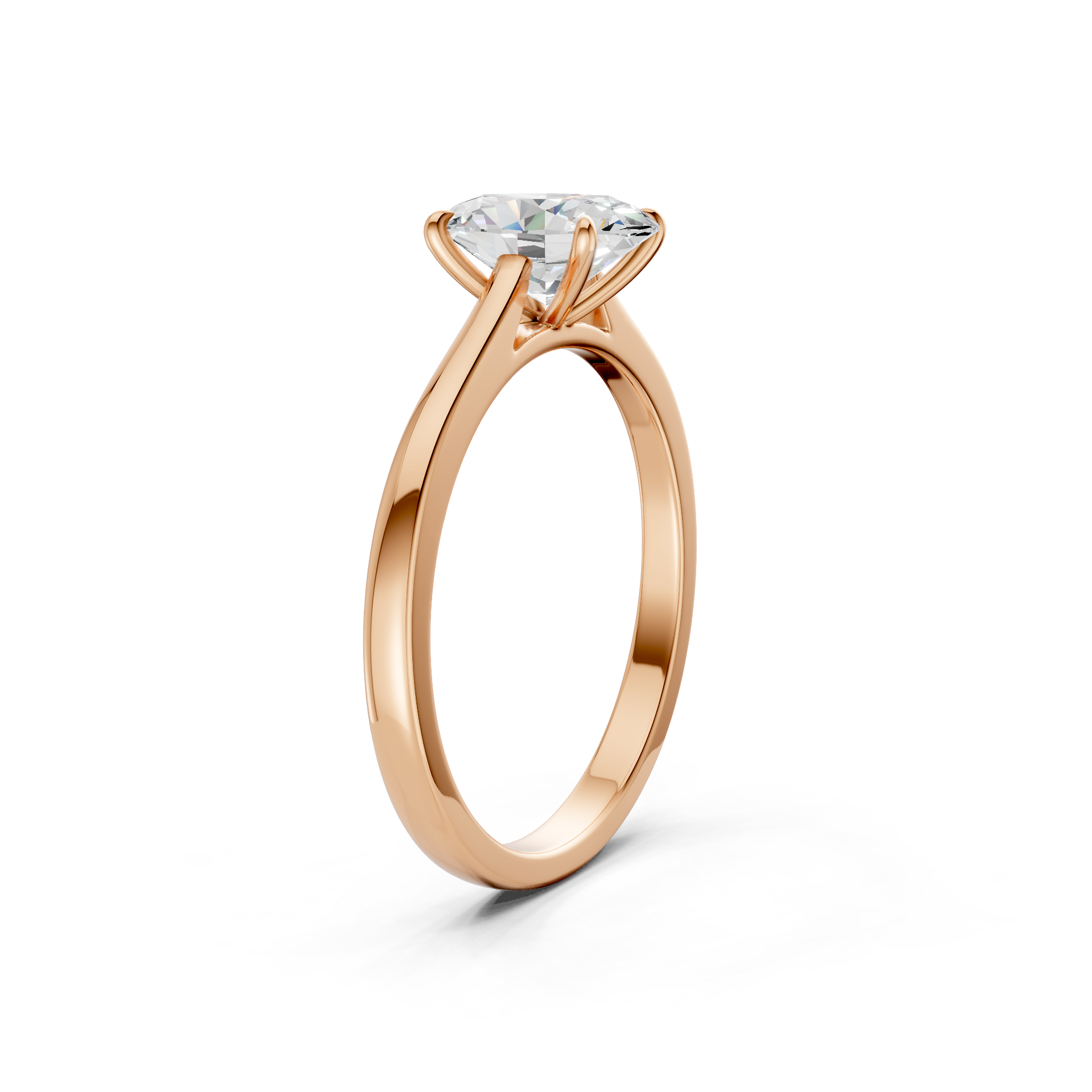 Top-down view displaying the full symmetry of the oval center stone and flanking accents, harmoniously framed in rose gold.
