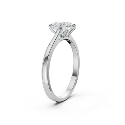 Top-down view presenting the full symmetry and sparkle of the oval and side diamonds in a cool-toned setting.