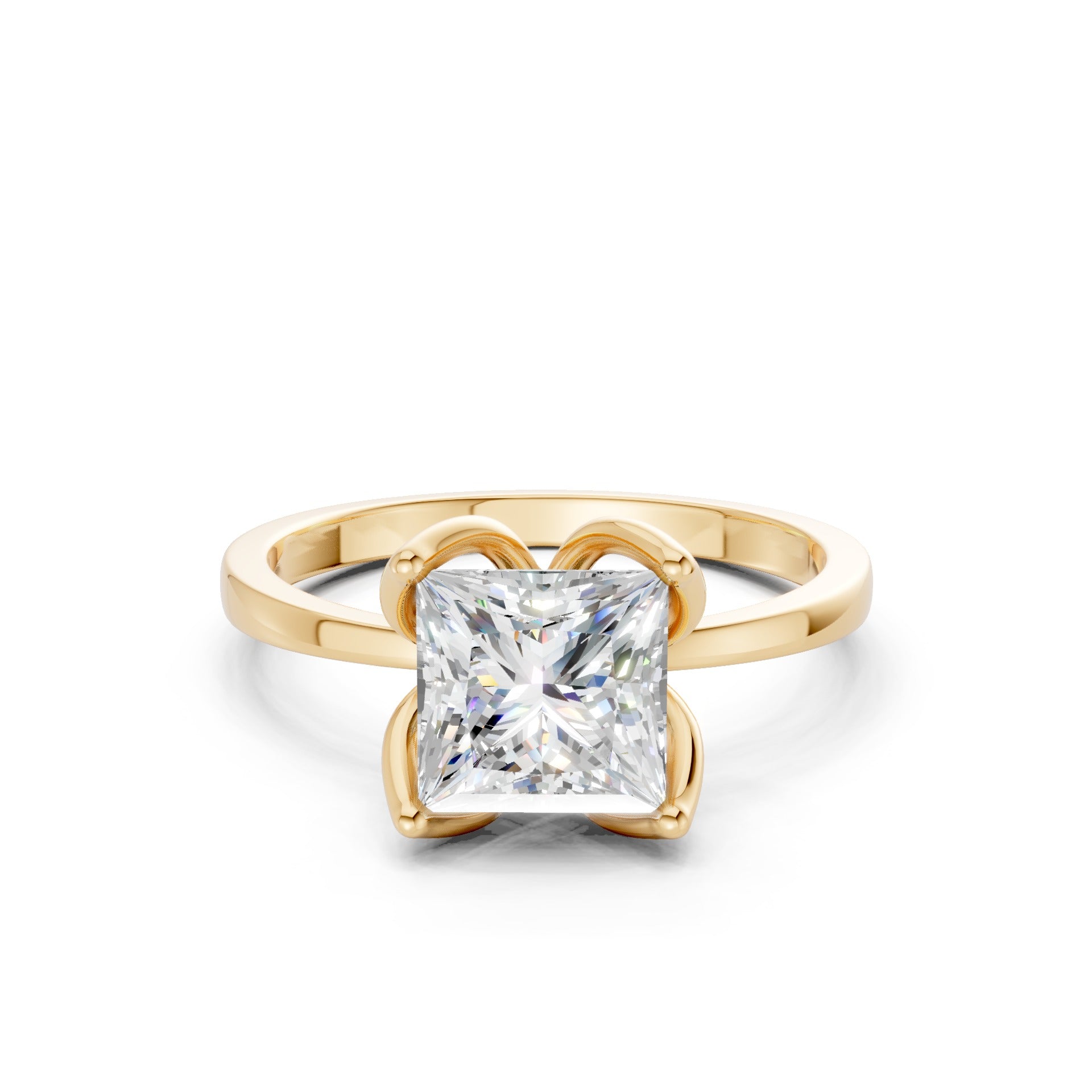 Centered view of a dazzling 1.5 CT princess-cut diamond set in a four-prong yellow gold basket, exuding refined geometry.
