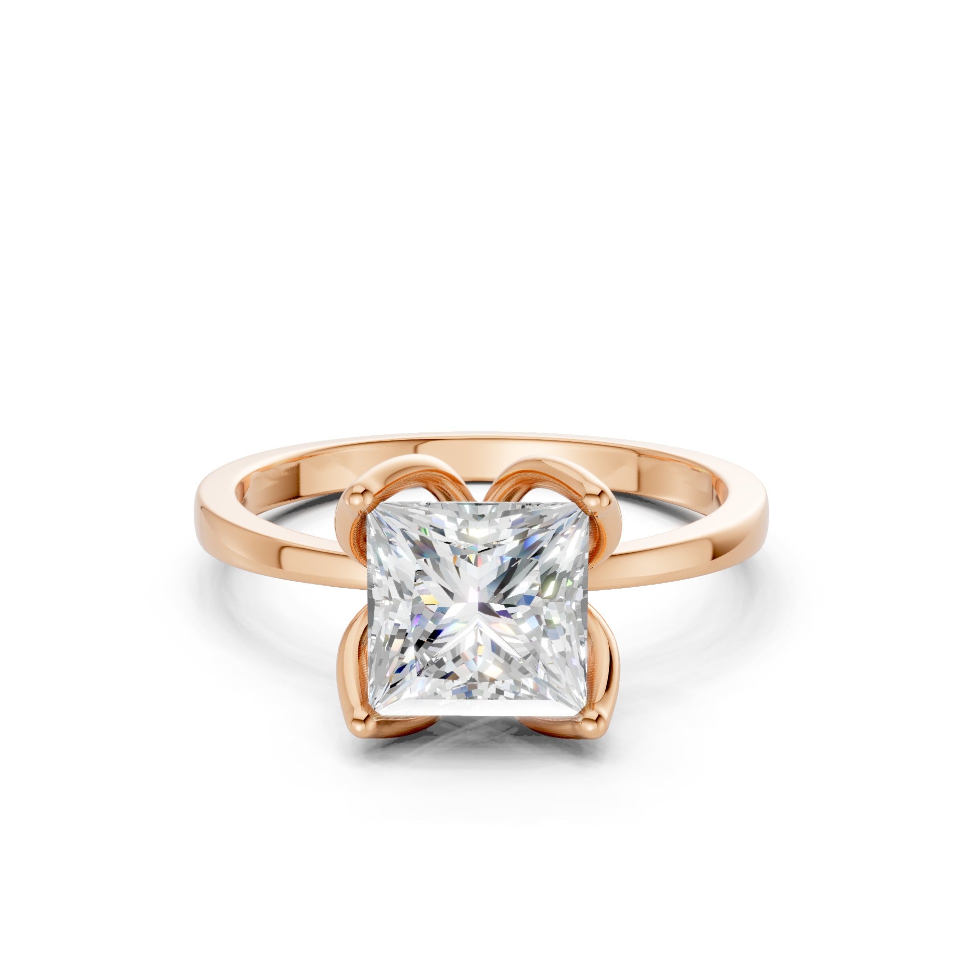 Frontal elegance of a 1.5 CT princess-cut diamond perched in a sculptural four-prong basket atop a polished rose gold band.