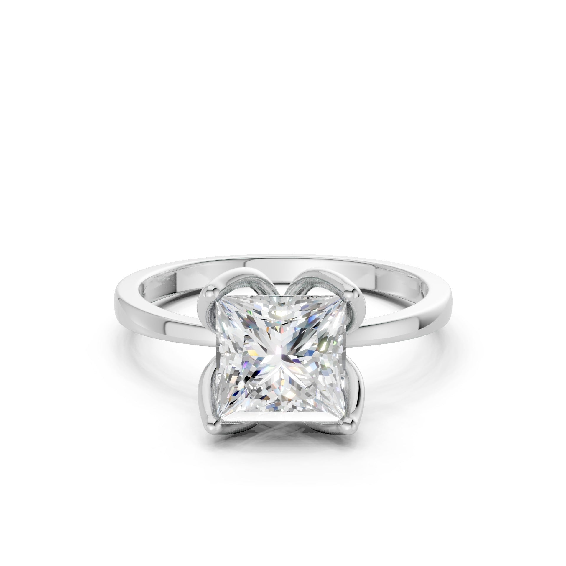 Front-facing view of a 1.5 CT princess-cut diamond solitaire ring, mounted in a polished white gold setting of timeless clarity.