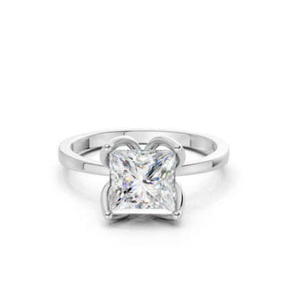 Front-facing view of a 1.5 CT princess-cut diamond solitaire ring, mounted in a polished white gold setting of timeless clarity.