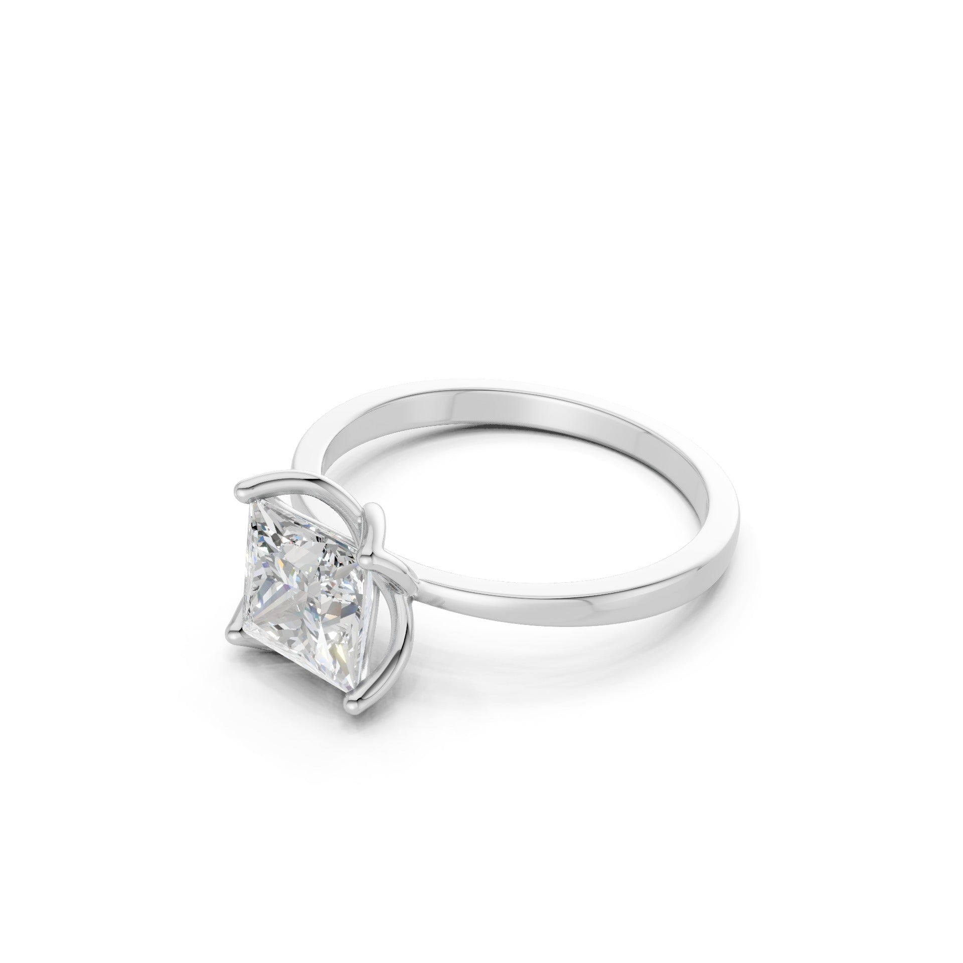 Detailed side angle revealing the structured basket setting and smooth white gold band.