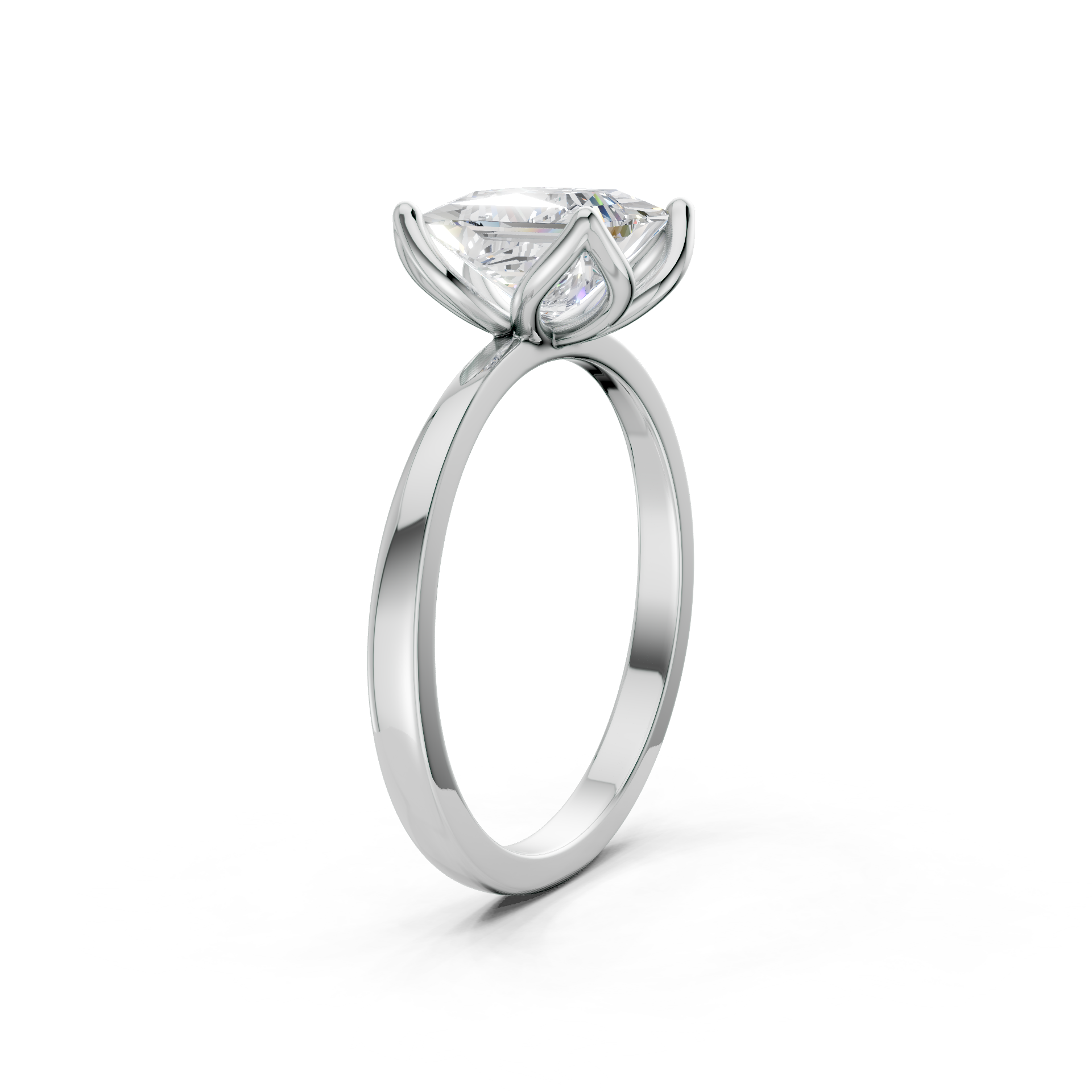 A clean and balanced overhead view showcasing geometric brilliance against a white gold band.