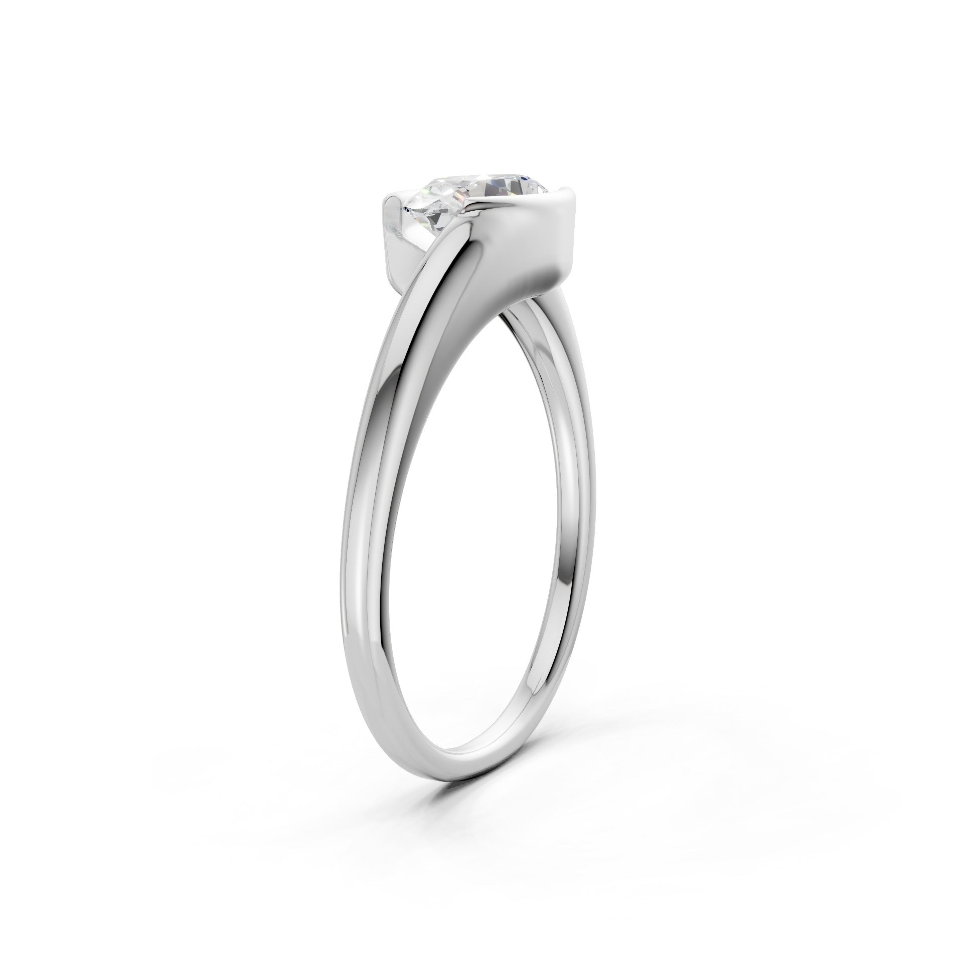 Overhead view of the ring in white gold, presenting the oval diamond’s silhouette and the refined symmetry of the design.
