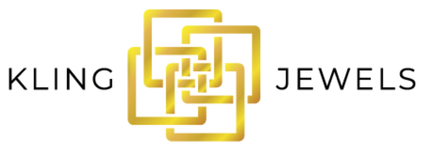 Golden company logo featuring multiple overlapping squares, creating a modern, geometric design with a shimmering metallic finish. Including the company name "Kling Jewels".