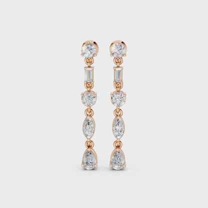 Short video of Linear Radiance Drop Earrings in 18K rose gold, featuring 1.80 ct lab-grown diamonds, rotating to showcase the warm hue and sparkling refined motion.