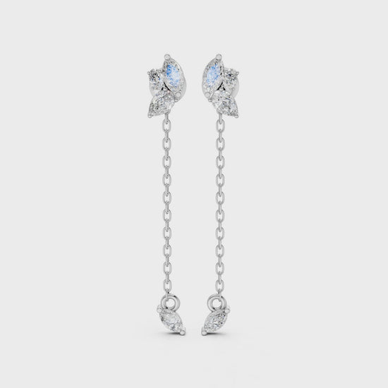 Video showcasing Marquise Drop Chain Earrings in 14k/18k white, yellow, rose gold, and premium platinum, featuring 0.92 CT lab-grown diamonds. Displays front, side, and full views, highlighting the airy chain drop, floral-inspired design, and subtle sparkle in motion.