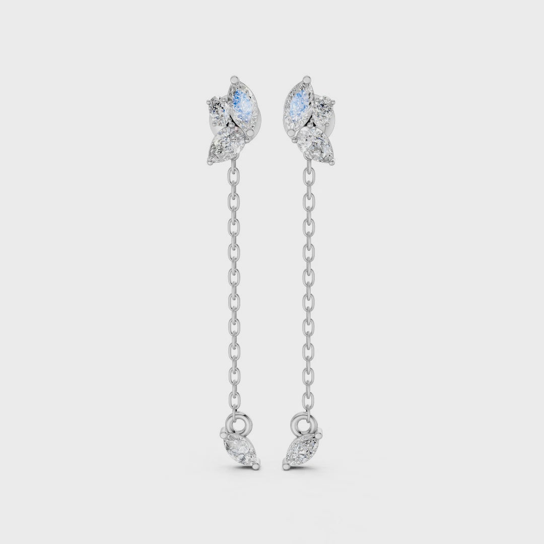 Video showcasing Marquise Drop Chain Earrings in 14k/18k white, yellow, rose gold, and premium platinum, featuring 0.92 CT lab-grown diamonds. Displays front, side, and full views, highlighting the airy chain drop, floral-inspired design, and subtle sparkle in motion.
