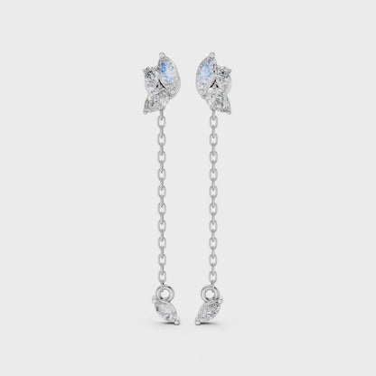 Video showcasing Marquise Drop Chain Earrings in 14k/18k white, yellow, rose gold, and premium platinum, featuring 0.92 CT lab-grown diamonds. Displays front, side, and full views, highlighting the airy chain drop, floral-inspired design, and subtle sparkle in motion.