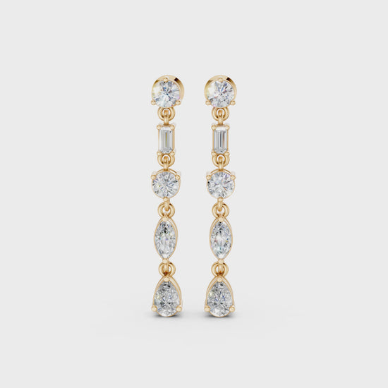 Short video of Linear Radiance Drop Earrings in 18K yellow gold, featuring 1.80 ct lab-grown diamonds, rotating to showcase the vibrant hue and sparkling refined motion.