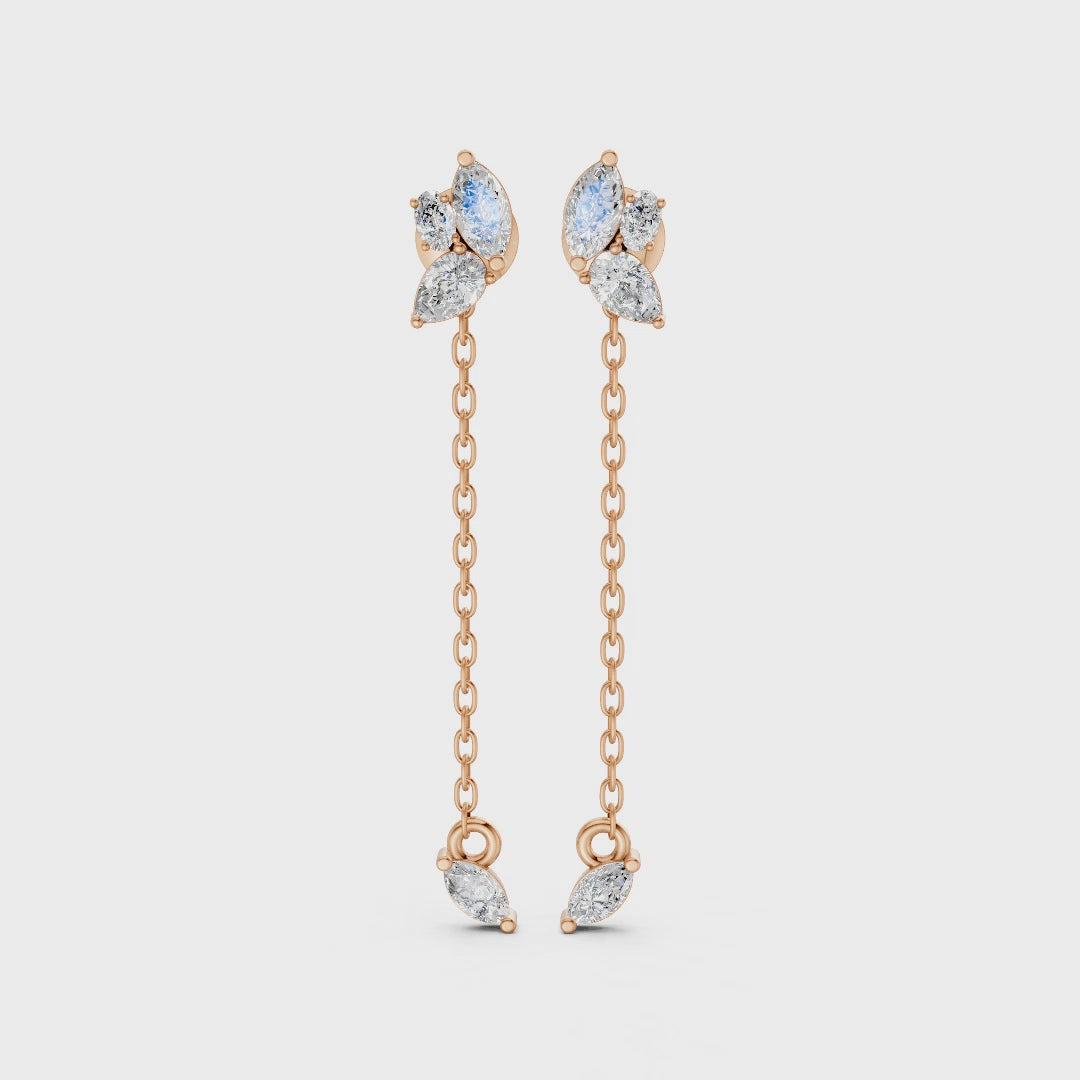 Video showcasing Marquise Drop Chain Earrings in 14k/18k white, yellow, rose gold, and premium platinum, featuring 0.92 CT lab-grown diamonds. Displays front, side, and full views, highlighting the airy chain drop, floral-inspired design, and subtle sparkle in motion.