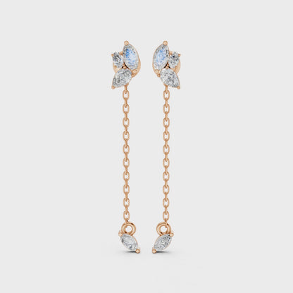 Video showcasing Marquise Drop Chain Earrings in 14k/18k white, yellow, rose gold, and premium platinum, featuring 0.92 CT lab-grown diamonds. Displays front, side, and full views, highlighting the airy chain drop, floral-inspired design, and subtle sparkle in motion.
