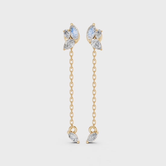 Video showcasing Marquise Drop Chain Earrings in 14k/18k white, yellow, rose gold, and premium platinum, featuring 0.92 CT lab-grown diamonds. Displays front, side, and full views, highlighting the airy chain drop, floral-inspired design, and subtle sparkle in motion.