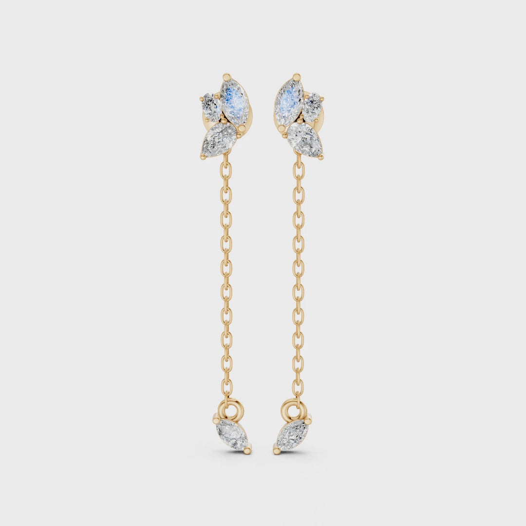 Video showcasing Marquise Drop Chain Earrings in 14k/18k white, yellow, rose gold, and premium platinum, featuring 0.92 CT lab-grown diamonds. Displays front, side, and full views, highlighting the airy chain drop, floral-inspired design, and subtle sparkle in motion.