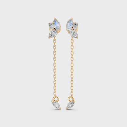 Video showcasing Marquise Drop Chain Earrings in 14k/18k white, yellow, rose gold, and premium platinum, featuring 0.92 CT lab-grown diamonds. Displays front, side, and full views, highlighting the airy chain drop, floral-inspired design, and subtle sparkle in motion.